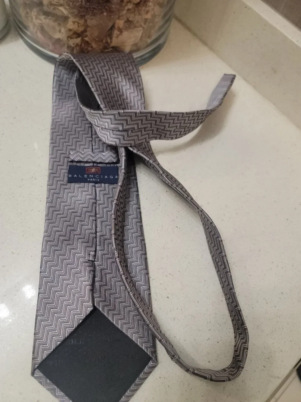 Balenciaga Paris Tie 100% Silk Made In Italy Geometric Gray